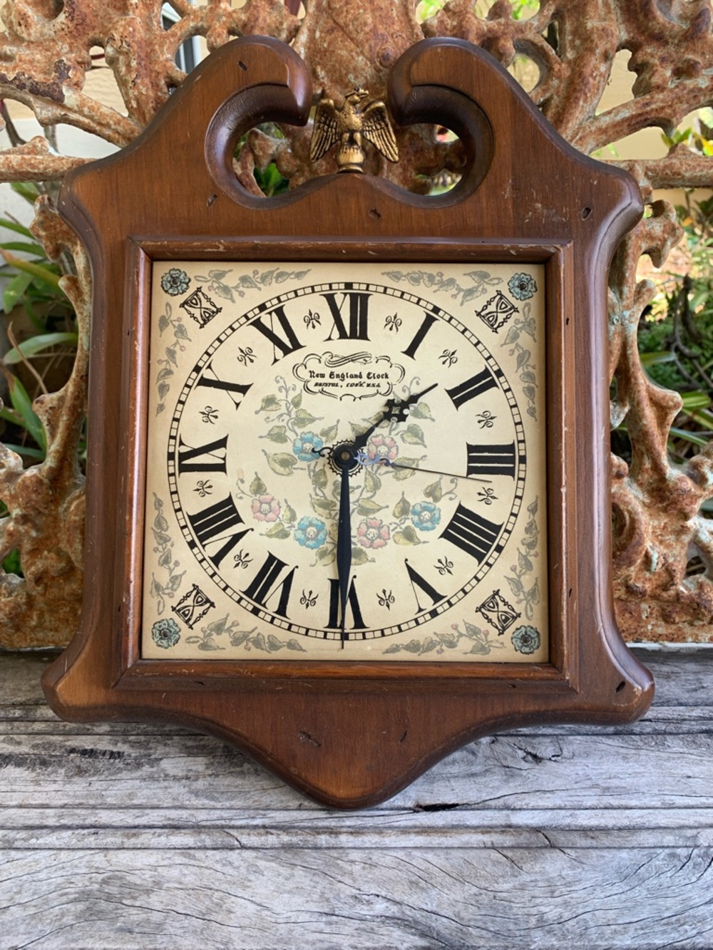 Vintage New England Clock Bristol, Conn. USA Maple Wall Clock with Floral Dial